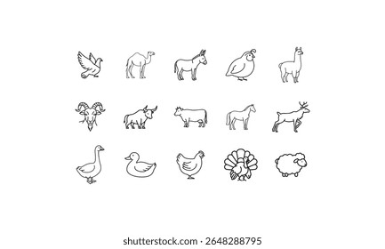 Simples linha arte fazenda e animais selvagens pássaro camelo
