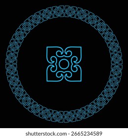 Simple line art features an abstract geometric motif within a decorative round frame.