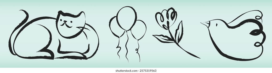 Simple line art featuring a cat, balloons, a flower, and a bird. Minimalist design with a playful cat, festive balloons, delicate flower, and graceful bird. Isolated vector set.