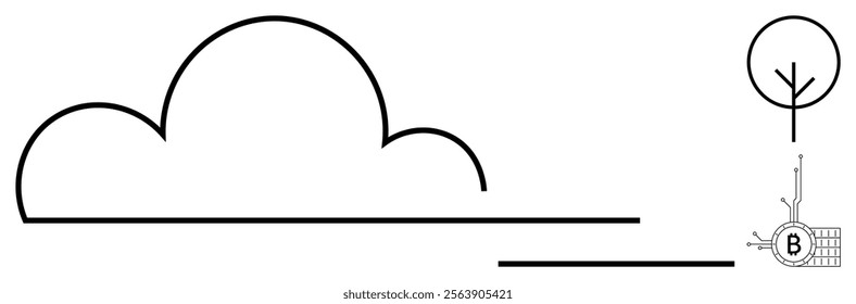 Simple line art featuring a cloud and a tree blueprint on a plain background. Ideal for environmental themes, minimalism artwork, architecture planning, eco-friendly designs, and educational