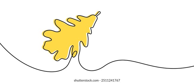 Einfache Linienkunst mit gelbem Eichenblatt, verbunden mit einer fließenden Linie, ideal für naturnahe oder minimalistische Designs.