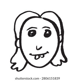 Simple line art female face drawing. Minimalist character design portrait. Cute girl head with teeth.