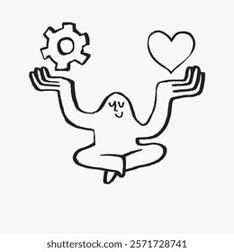 Simple line art of a figure balancing a gear and heart. Symbolizes harmony between technology and emotion. Minimalist design with a playful touch. Simple black line art doodle vector.