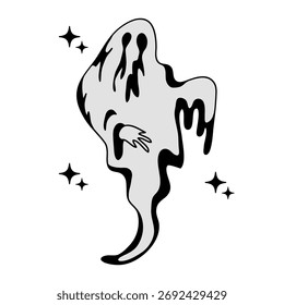 Simple line art of a floating, dripping, or melting ghost with a hand and sparkling stars illustration.