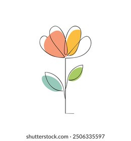 Simple line art flower illustration. Minimalist line art illustration of a flower with colorful petals and leaves. Perfect for adding a touch of nature to your designs.