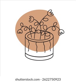 Simple line art of flowers and leaves arranged in a round pot. A botanical illustration with abstract shape in bohemian style