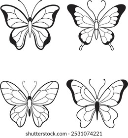 A simple line art of four butterfly Silhouette vector illustration on a white background