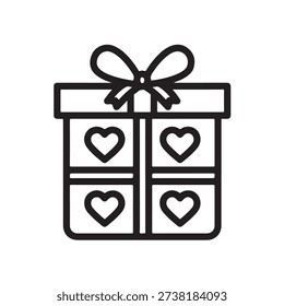 Simple line art of gift box with hearts and bow
