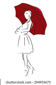 Simple line art of a girl with red umbrella