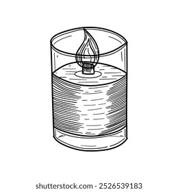 Simple line art of a glowing candle in a glass holder. Ideal for cozy decor, minimal interiors, or relaxation settings with a warm, peaceful ambiance.