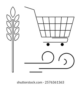 Simple line art of a grain stalk, shopping cart, and abstract wind symbol. Ideal for eco-friendly products, agriculture, sustainability, renewable energy, and green shopping. Line art style