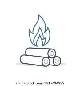 A simple line art graphic of a burning pile of logs representing a campfire or outdoor fire