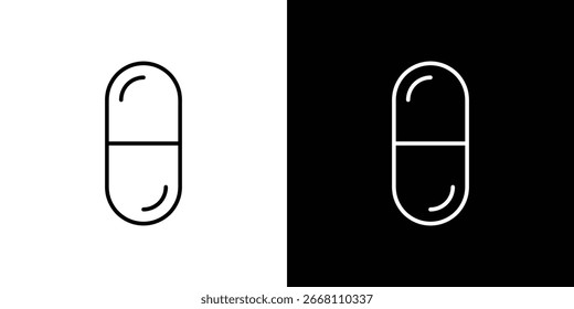 Gráfico de línea simple de una píldora de la cápsula, mostrado en ambos fondos blancos y negros. Perfecto para diseños médicos o farmacéuticos.