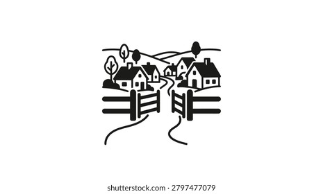 A simple line art graphic depicting a small village with houses and trees behind an open wooden fence gate on a path