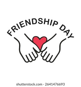 Simple line art graphic design for Friendship Day. Two hands holding a red heart, with the text "Friendship Day" arched above. Perfect for cards, social media, or websites