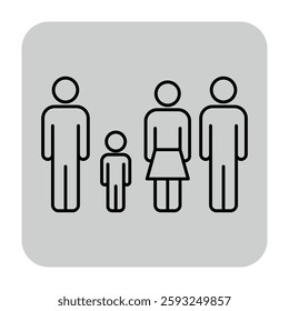 Simple line art of group of four human figures. Two adults, one child, and woman. Family or community relationships concept
