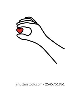 Simple line art of a hand delicately holding a small red heart symbol on a white background.