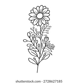 Simples desenho à mão da arte da linha da flor de margarida com buquê de flores silvestres isolado no fundo branco. Flor doodle botânico