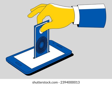 Simple line art of a hand put money into cellular phone, online donation, investment concept, vector illustration