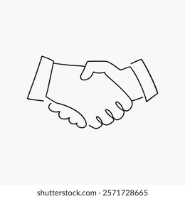 Simple line art of a handshake symbolizing agreement and partnership. Minimalist design with two hands clasped, representing unity and collaboration. Simple black line art doodle vector.