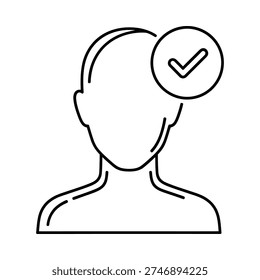 Simple line art of a human head and shoulders with a checkmark in a circle above the head symbolizing approval or confirmation