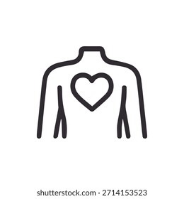Simple line art of a human torso featuring a heart symbol within the chest area ideal for health love and medical designs.