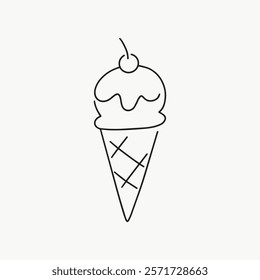 Simple line art of an ice cream cone with a cherry on top. Minimalist design featuring a cone and scoop. Perfect for dessert-themed projects. Simple black line art doodle vector.