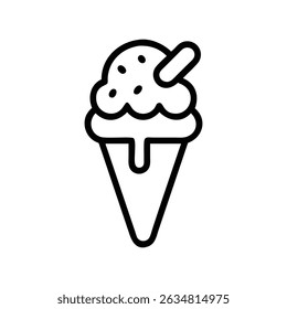 Simple line art of an ice cream cone with topping, suitable for desserts and summer themes.