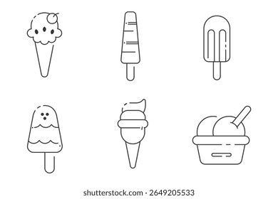 Simple line art ice cream and popsicle icon set with cup dessert and cone illustrations for summer treats, minimal editable vector design pack