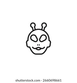 A simple line art icon of an alien face with antennae.