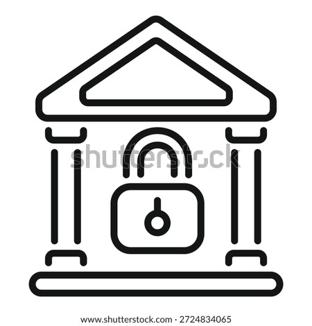 Simple line art icon of a bank building with a lock, representing financial security and protection
