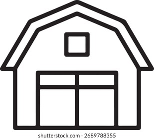 Simples ícone de arte de linha de um celeiro com um telhado de gambrel e portas duplas.