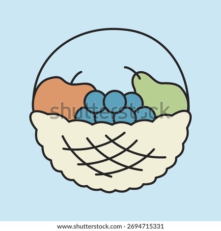 A simple line art icon of a basket overflowing with autumn fruits. This illustration symbolizes the abundance of the harvest season.