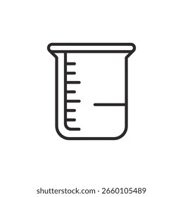 Un icono de arte lineal simple de un vaso de precipitados con marcas de medición, que representa un entorno científico o de laboratorio, aislado sobre fondo blanco.