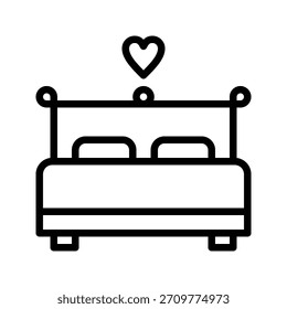 Um simples ícone de arte de linha de uma cama com dois travesseiros e um símbolo de coração acima dele, representando amor e romance. Amor e Casamento ícone de linha única design de interface do usuário.