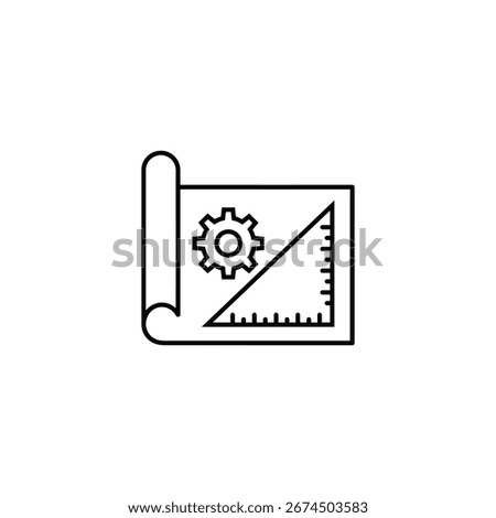 A simple line art icon of a blueprint with a gear and ruler. Represents engineering, architecture, and technical design. Isolated on white background. Vector illustration.