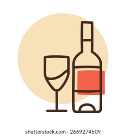 A simple line art icon of a bottle of wine with a full wine glass. This illustration is perfect for conveying themes of celebration, dining, restaurants, and fine beverages.