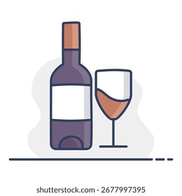 A simple line art icon of a bottle of wine with a full wine glass. This illustration is perfect for conveying themes of celebration, dining, restaurants, and fine beverages.