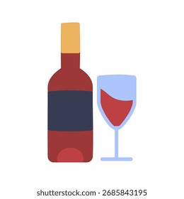 A simple line art icon of a bottle of wine with a full wine glass. This illustration is perfect for conveying themes of celebration, dining, restaurants, and fine beverages.