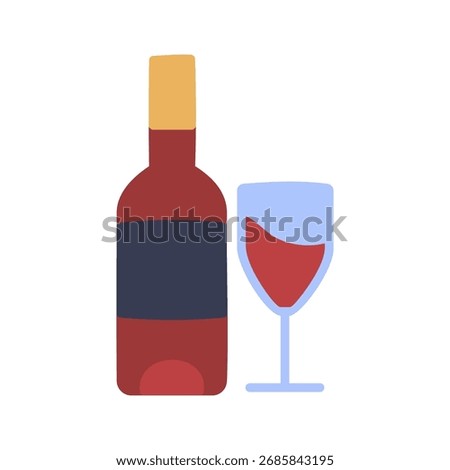 A simple line art icon of a bottle of wine with a full wine glass. This illustration is perfect for conveying themes of celebration, dining, restaurants, and fine beverages.