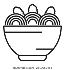 Simple line art icon of a bowl overflowing with delicious freshly cooked ramen noodles