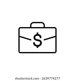 Simple line art icon of briefcase with dollar sign. Symbolizes finance, wealth, and business.