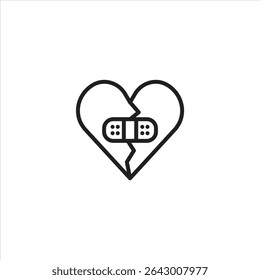 A simple line art icon of a broken heart mended with a bandage. Represents healing from heartbreak, emotional recovery, or forgiveness.