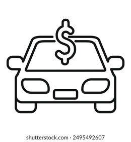 Simple line art icon of a car with a dollar sign, representing purchasing or financing a new vehicle