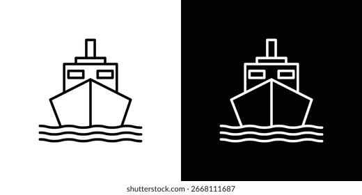 Simple line art icon of a cargo ship on water, shown on both white and black backgrounds.