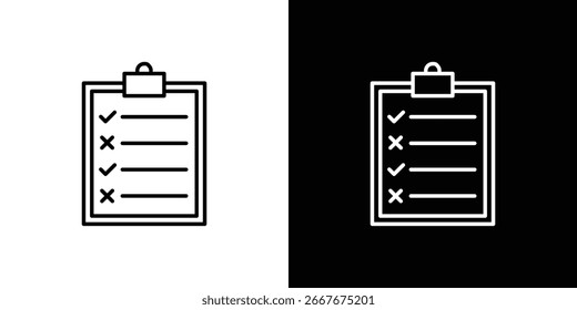 Simple line art icon of a checklist on a clipboard, isolated on white and black backgrounds.