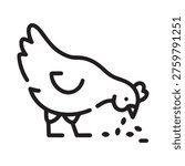 A simple line art icon of a chicken pecking at grain on the ground