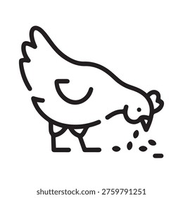 A simple line art icon of a chicken pecking at grain on the ground