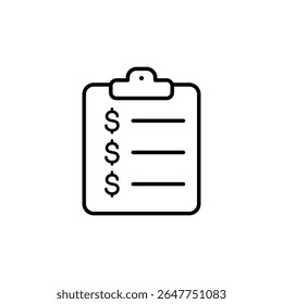 Simple line art icon of a clipboard with a checklist and dollar signs. Perfect for financial apps and websites
