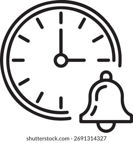 Simple line art icon of a clock with a bell, symbolizing time and alerts.